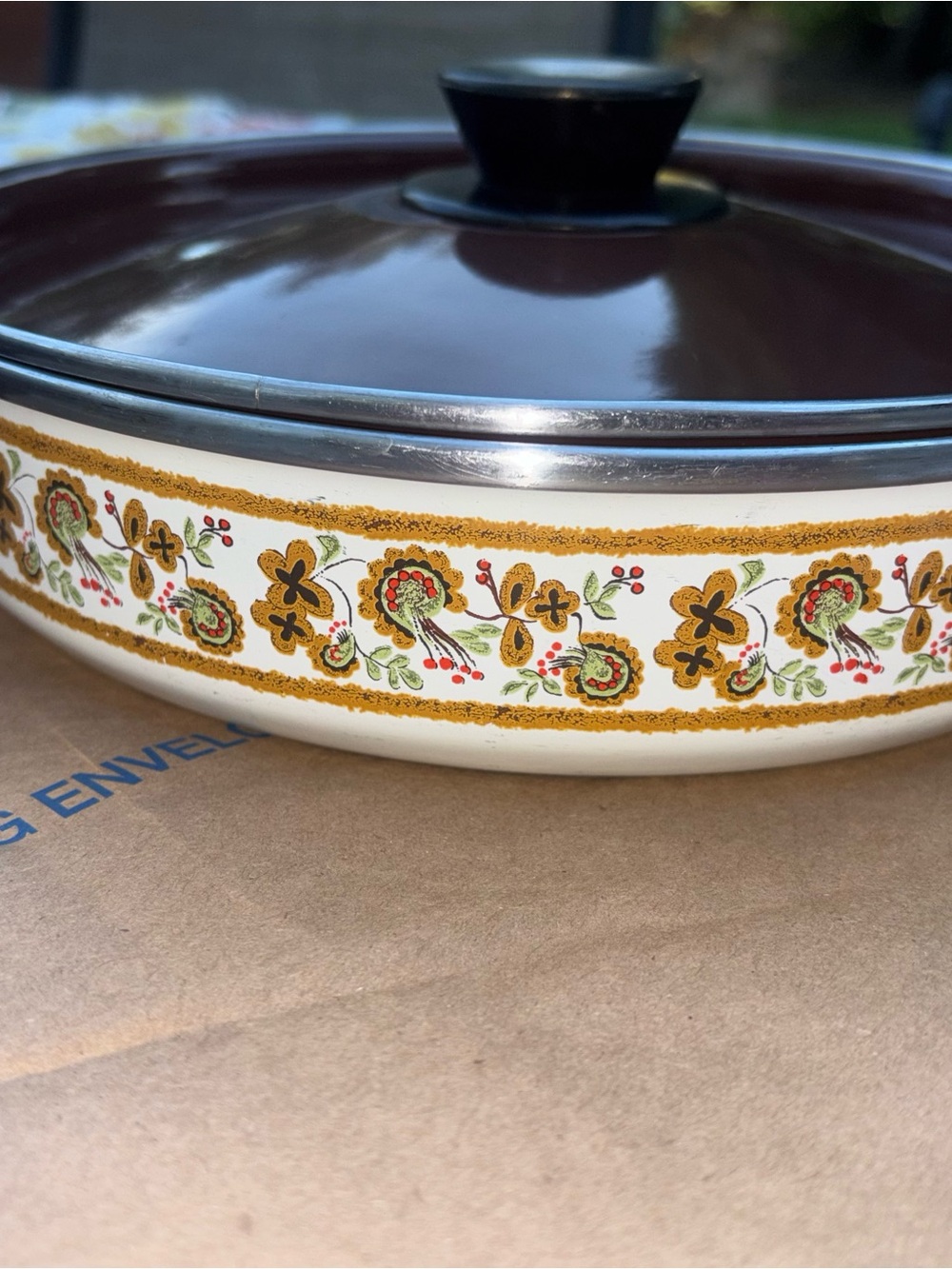 Vintage MCM Fancipans Brown Paisley Enamelware Pot With Lid, 70’s Discontinued